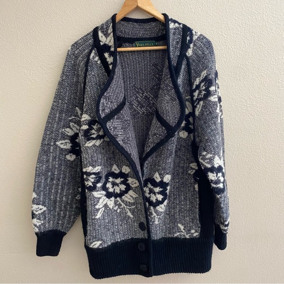 Vera Pelle Grannycore Thick Knit Wool Cardigan Sweater Coat medium - Picture 2 of 10